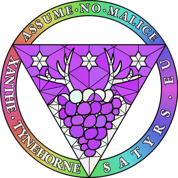 A stained glass window; in the centre, there is a triangular coat of arms depicting a bunch of grapes hanging from a pair of deer’s antlers, surmounted by three stars, and split down the middle by a wavy line into purple and white fields. In a circle around the edge is a rainbow band, decorated with the following text: Xanthe Tynehorne / Satyrs.eu / Assume no malice