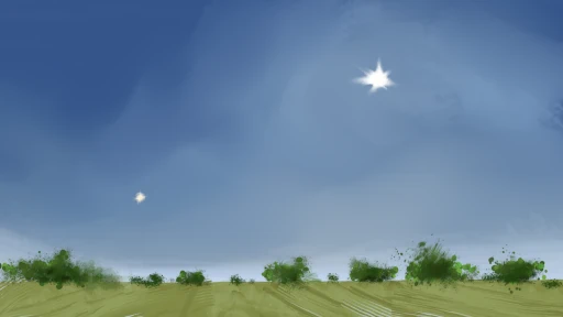 A new star appears beside the sun in the daylight sky, above an idyllic countryside scene