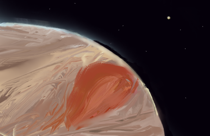 A view of Jupiter with a giant, vibrant red storm building around its equator
