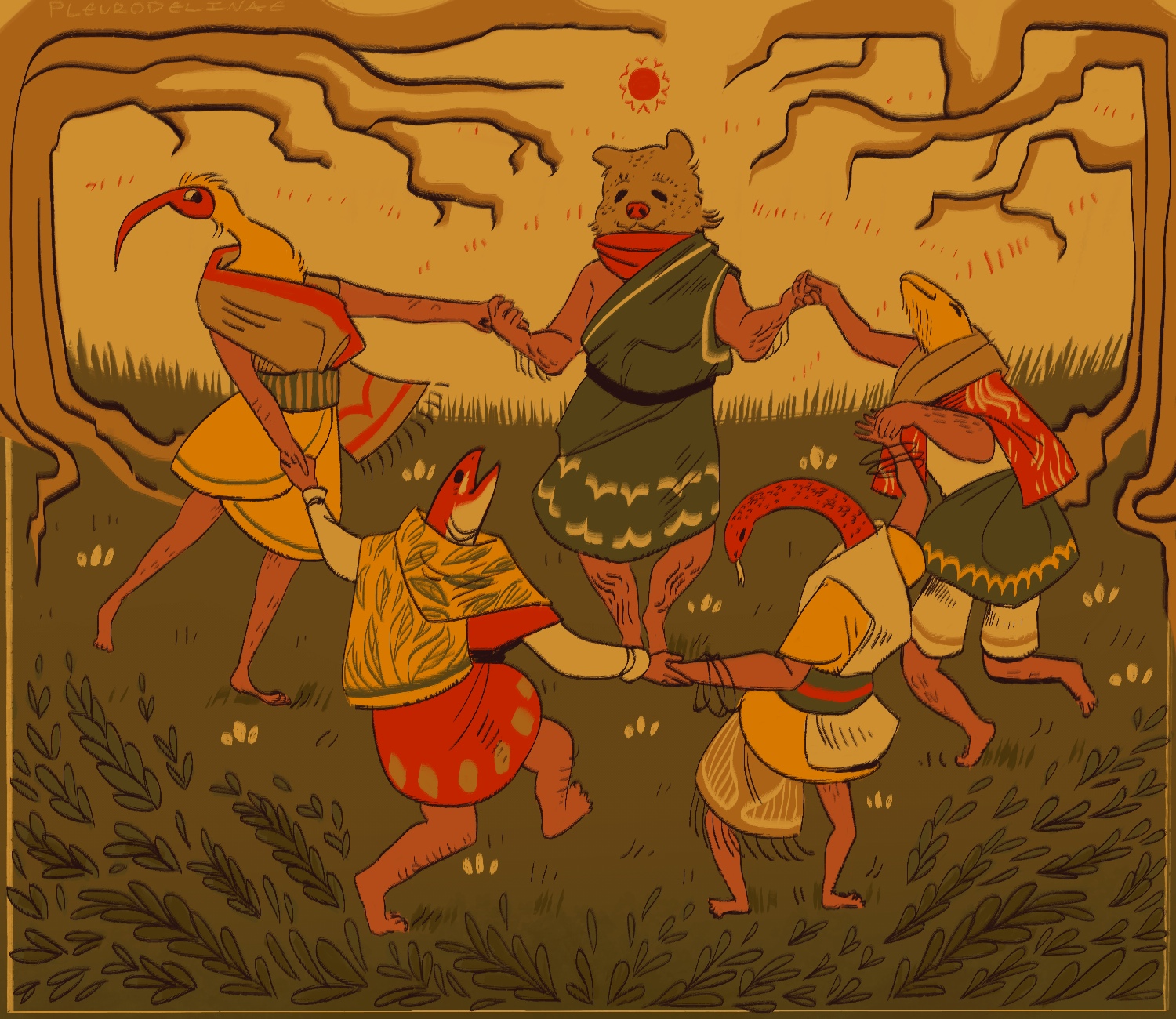 In the style of an old carving (of some sort), a group of anthropomorphic animals (including a snake, fish, flamingo, and what i think is a hamster?) dance in a circle wearing traditional European ceremonial dress as the sun sets behind their forest clearing.