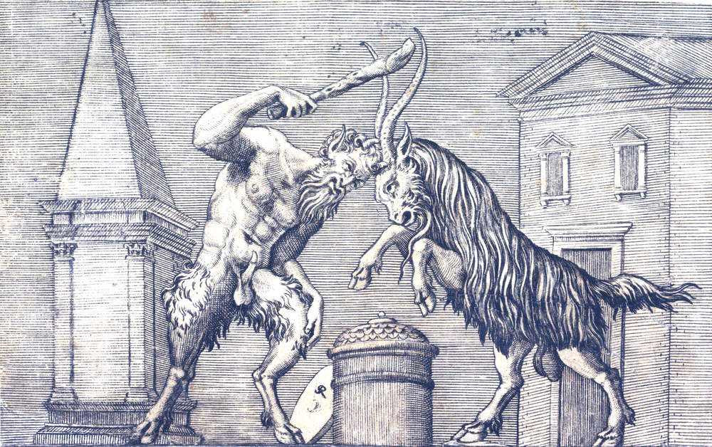 An engraving of a satyr and ram locking horns with each other.