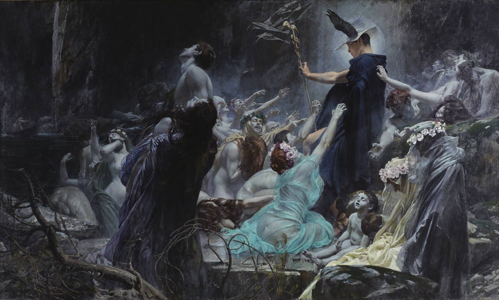 A painting of Hermes ferrying the dead to the underworld.