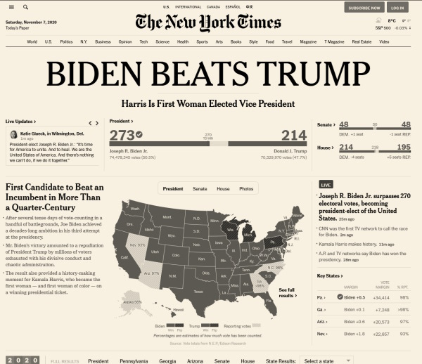 The New York Times’ online front page on election day of 2020, with a headline in massive type blaring ‘Biden beats Trump’.