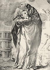 An engraving of St. Aphrodisius carrying his own severed head.